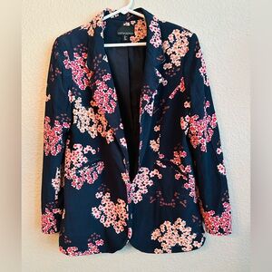 Cynthia Rowley Floral Blazer Size L Navy Pink Tailored Jacket Open Front Chic